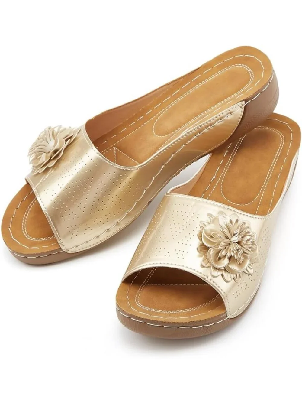 Women's Gold Faux Leather Summer Wedge Low Open Toe Slide Dressy Flower Sandal